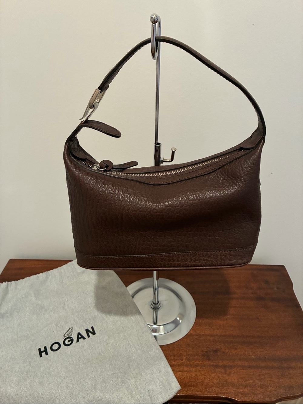 Hogan Brown Pebbled Leather Hobo Bag